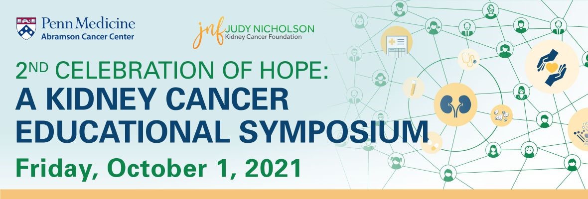 Kidney Cancer educational symposium with blue background and yellow accents